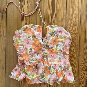 Aqua Spring Summer Floral Halter Top - Orange Pink Yellow Green XS